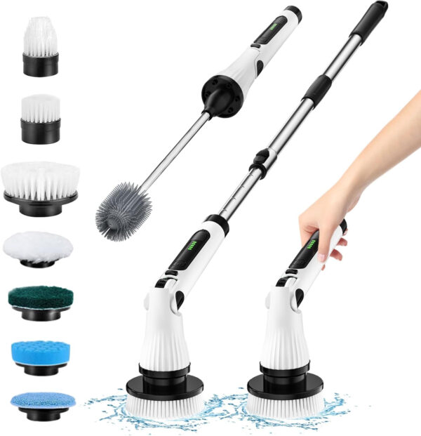 Leebein Electric Spin Scrubber, Cordless Cleaning Brush with 8 Replaceable Brush Heads, Tub and Floor Tile 360 Power Scrubber Dual Speed with Adjustable & Detachable Handle for Bathroom Kitchen Car