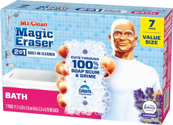 Mr. Clean Magic Eraser Sponge, Bathroom Cleaner, Soap Scum Shower & Tub Cleaner, 2 in 1 Bath, 7ct