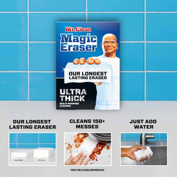 Mr. Clean Magic Eraser Ultra Thick Multi Purpose Cleaner, Bathroom Cleaning Supplies, Magic Eraser Sponge Multi Surface Cleaner, 5ct