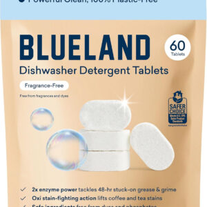 BLUELAND 100% Plastic-Free Dishwasher Detergent Tablets, 60 Count, Unscented Eco Friendly Dishwashing Pods, Natural, Sustainable