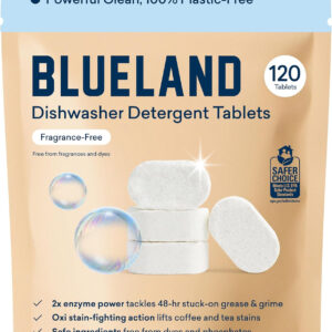 BLUELAND Dishwasher Detergent Tablets, 120 Count, Unscented 100% Plastic-Free Eco Friendly Dishwashing Pods, Natural, Sustainable