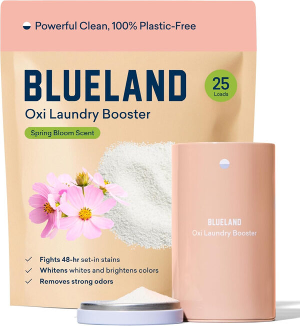 BLUELAND Oxi Laundry Booster Powder Starter Set, Spring Bloom Scent, 25 Loads, 17.6 oz with Tin, Plastic-Free Eco Friendly Oxy Cleaner Stain Remover