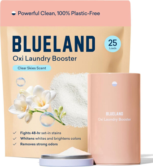 BLUELAND Oxi Laundry Booster Powder Starter Set, Spring Bloom Scent, 25 Loads, 17.6 oz with Tin, Plastic-Free Eco Friendly Oxy Cleaner Stain Remover