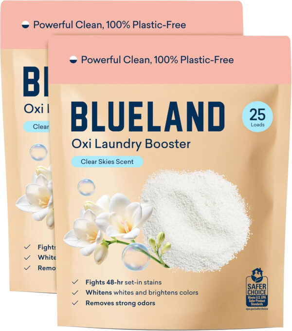 BLUELAND Oxi Laundry Booster Powder Starter Set, Spring Bloom Scent, 25 Loads, 17.6 oz with Tin, Plastic-Free Eco Friendly Oxy Cleaner Stain Remover