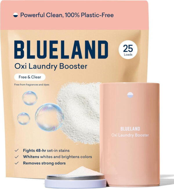 BLUELAND Oxi Laundry Booster Powder Starter Set, Spring Bloom Scent, 25 Loads, 17.6 oz with Tin, Plastic-Free Eco Friendly Oxy Cleaner Stain Remover