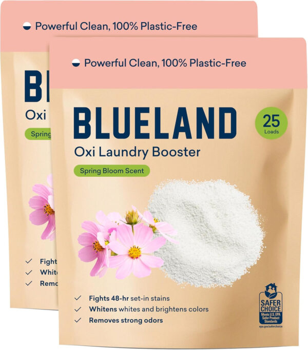 BLUELAND Oxi Laundry Booster Powder Starter Set, Spring Bloom Scent, 25 Loads, 17.6 oz with Tin, Plastic-Free Eco Friendly Oxy Cleaner Stain Remover