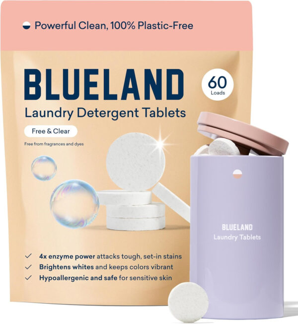 BLUELAND Laundry Detergent Tablets, 60 Count, Spring Bloom Scent, Plastic-Free Eco-Friendly Pods, Sheets, Liquid Alternative - Natural, Gentle, Non Toxic