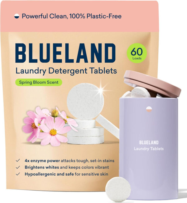 BLUELAND Laundry Detergent Tablets, 60 Count, Spring Bloom Scent, Plastic-Free Eco-Friendly Pods, Sheets, Liquid Alternative - Natural, Gentle, Non Toxic
