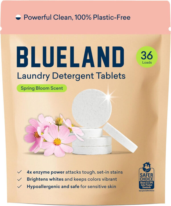 BLUELAND Laundry Detergent Tablets, 60 Count, Spring Bloom Scent, Plastic-Free Eco-Friendly Pods, Sheets, Liquid Alternative - Natural, Gentle, Non Toxic
