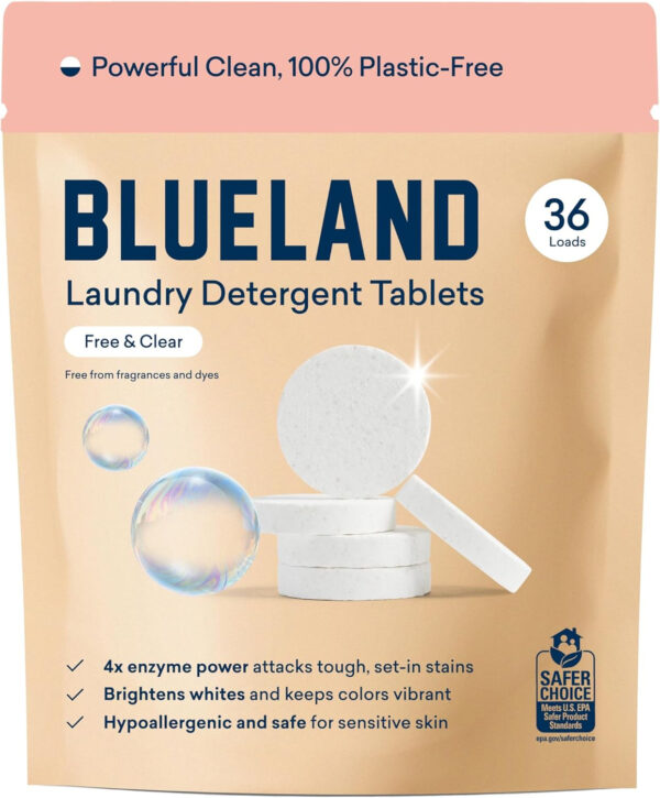 BLUELAND Laundry Detergent Tablets, 60 Count, Spring Bloom Scent, Plastic-Free Eco-Friendly Pods, Sheets, Liquid Alternative - Natural, Gentle, Non Toxic