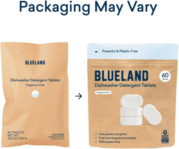 BLUELAND 100% Plastic-Free Dishwasher Detergent Tablets, 60 Count, Unscented Eco Friendly Dishwashing Pods, Natural, Sustainable