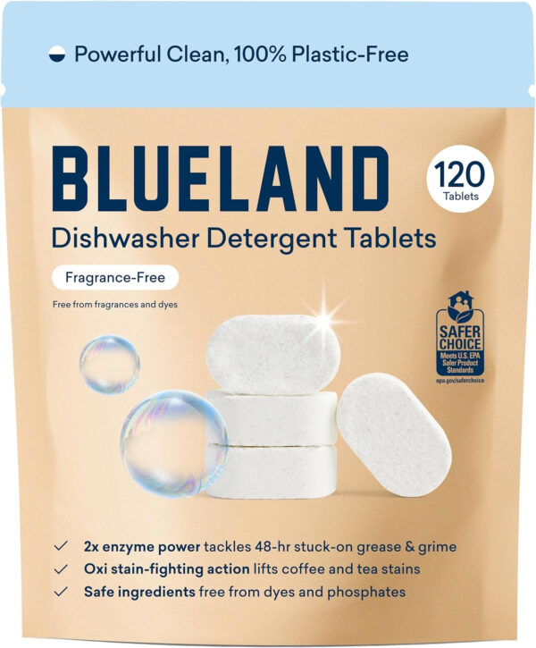 BLUELAND 100% Plastic-Free Dishwasher Detergent Tablets, 60 Count, Unscented Eco Friendly Dishwashing Pods, Natural, Sustainable