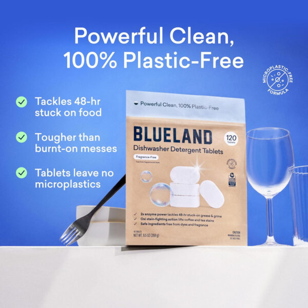 BLUELAND 100% Plastic-Free Dishwasher Detergent Tablets, 60 Count, Unscented Eco Friendly Dishwashing Pods, Natural, Sustainable