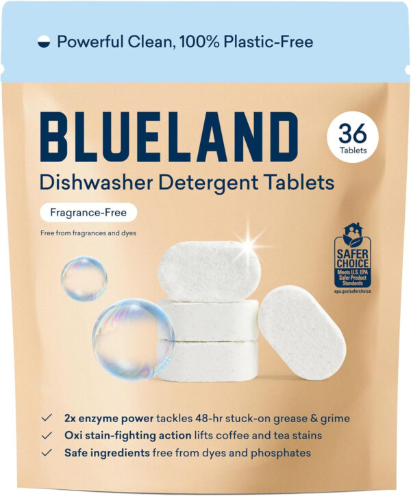 BLUELAND 100% Plastic-Free Dishwasher Detergent Tablets, 60 Count, Unscented Eco Friendly Dishwashing Pods, Natural, Sustainable