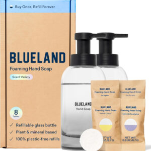 BLUELAND Hand Soap Duo Slate, 2 Refillable Glass Foaming Hand Soap Dispensers with 8 Refill Tablets, Variety Scents, 8 x 9 Fl oz