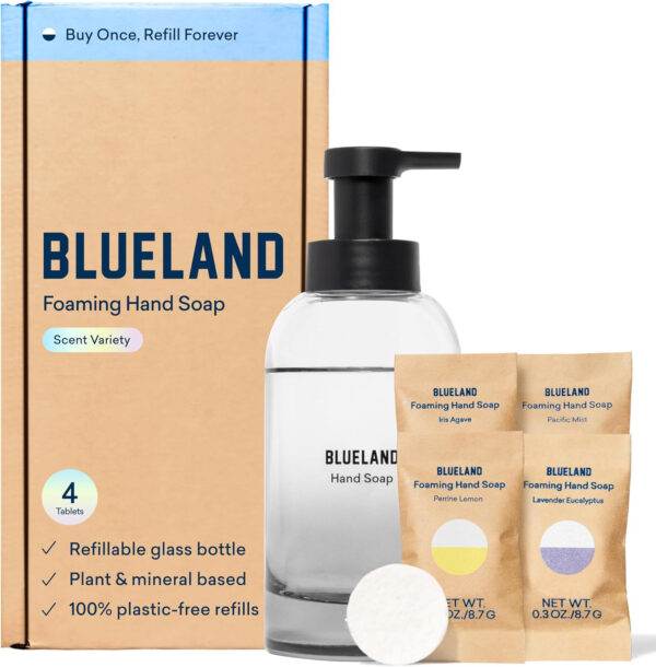 BLUELAND Hand Soap Duo Slate, 2 Refillable Glass Foaming Hand Soap Dispensers with 8 Refill Tablets, Variety Scents, 8 x 9 Fl oz