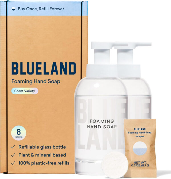 BLUELAND Hand Soap Duo Slate, 2 Refillable Glass Foaming Hand Soap Dispensers with 8 Refill Tablets, Variety Scents, 8 x 9 Fl oz