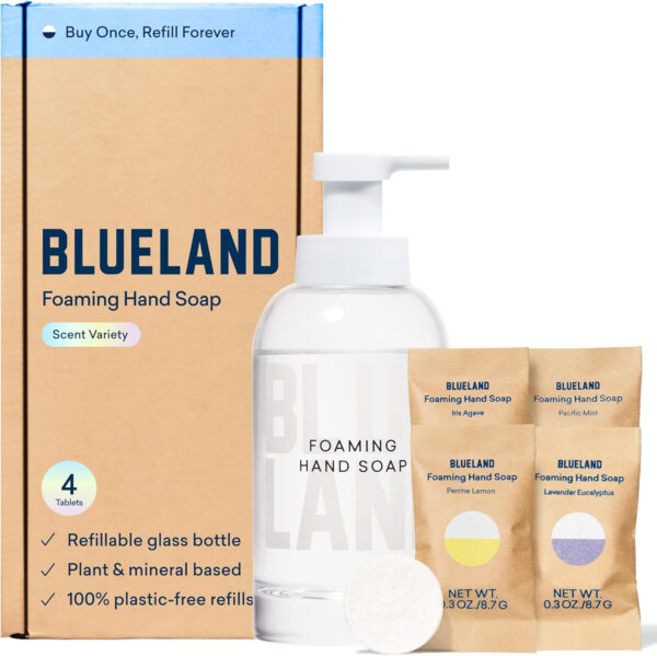 BLUELAND Hand Soap Duo Slate, 2 Refillable Glass Foaming Hand Soap Dispensers with 8 Refill Tablets, Variety Scents, 8 x 9 Fl oz