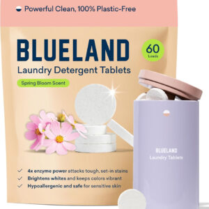 BLUELAND Laundry Detergent Tablets, Starter Set, 60 Count with Tin, Spring Bloom Scent, Plastic-Free Eco-Friendly Pods, Sheets, Liquid Alternative - Natural, Gentle, Non Toxic