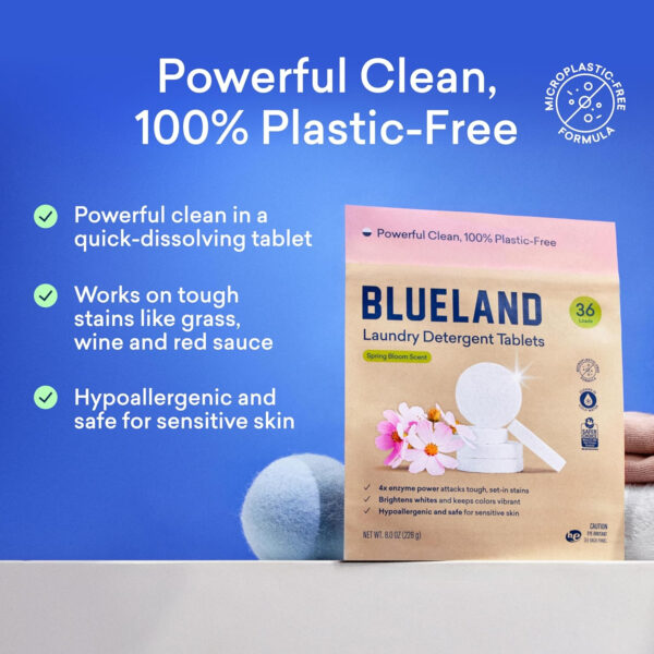 BLUELAND Laundry Detergent Tablets, Starter Set, 60 Count with Tin, Spring Bloom Scent, Plastic-Free Eco-Friendly Pods, Sheets, Liquid Alternative - Natural, Gentle, Non Toxic