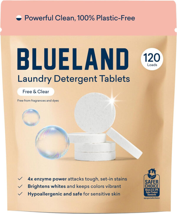 BLUELAND Laundry Detergent Tablets, Starter Set, 60 Count with Tin, Spring Bloom Scent, Plastic-Free Eco-Friendly Pods, Sheets, Liquid Alternative - Natural, Gentle, Non Toxic