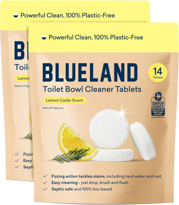 BLUELAND Toilet Bowl Cleaner Tablets, Starter Set, 14 Count with Tin, Lemon Cedar, Plastic-Free, No Harsh Chemicals, Plant-Based