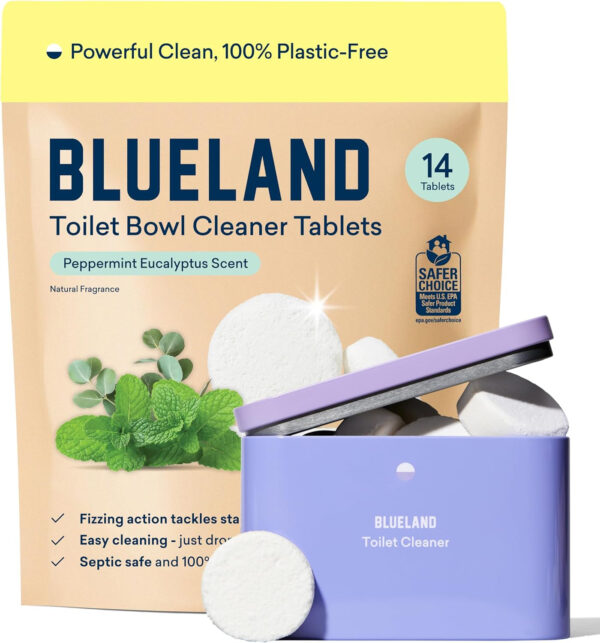 BLUELAND Toilet Bowl Cleaner Tablets, Starter Set, 14 Count with Tin, Lemon Cedar, Plastic-Free, No Harsh Chemicals, Plant-Based