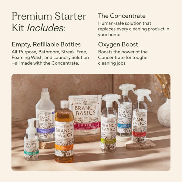 Branch Basics Premium Starter Kit in Glass: All Purpose Cleaner, Glass Cleaner, Bathroom Cleaner, Wash Bottle, and Laundry Bottle (3 Glass Spray Bottles + Concentrate) Fragrance-Free