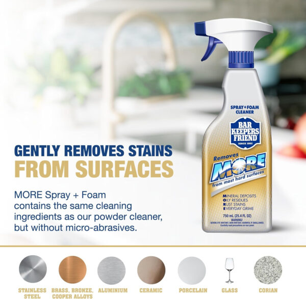 Bar Keepers Friend Soft Cleanser (26 oz) MORE Spray + Foam (25.4 oz) Multipurpose Cleaner Bundle, Stain & Rust Remover for Multi Surface Bathroom, Kitchen & Outdoor Cleaning