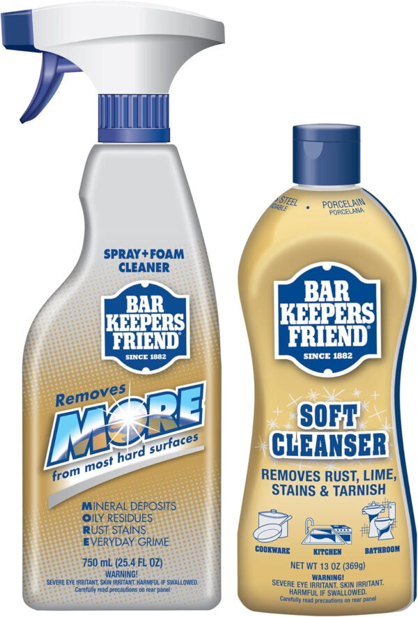 Bar Keepers Friend Soft Cleanser (26 oz) MORE Spray + Foam (25.4 oz) Multipurpose Cleaner Bundle, Stain & Rust Remover for Multi Surface Bathroom, Kitchen & Outdoor Cleaning