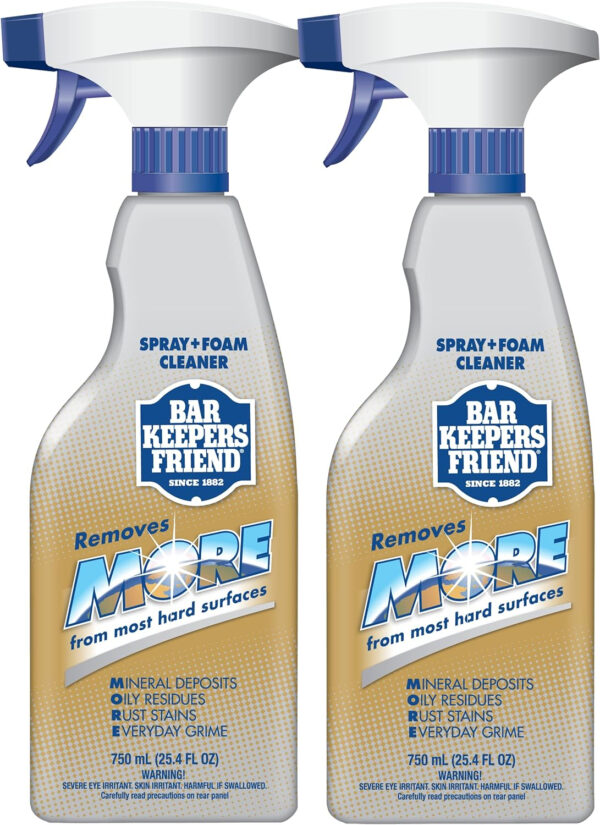 Bar Keepers Friend MORE Spray + Foam Multipurpose Cleaner (2 x 25.4 oz), Stain & Rust Remover for Bathroom, Kitchen & Outdoor Use on Stainless Steel, Aluminum, Brass, Tile, Ceramic, Porcelain & More