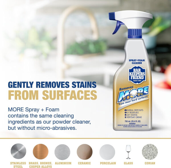 Bar Keepers Friend MORE Spray + Foam Multipurpose Cleaner (2 x 25.4 oz), Stain & Rust Remover for Bathroom, Kitchen & Outdoor Use on Stainless Steel, Aluminum, Brass, Tile, Ceramic, Porcelain & More