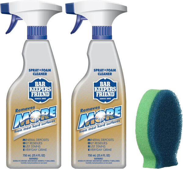 Bar Keepers Friend MORE Spray + Foam Multipurpose Cleaner (2 x 25.4 oz), Stain & Rust Remover for Bathroom, Kitchen & Outdoor Use on Stainless Steel, Aluminum, Brass, Tile, Ceramic, Porcelain & More