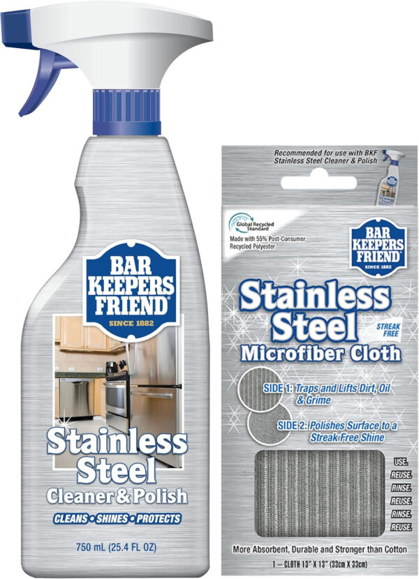 Bar Keepers Friend Stainless Steel Cleaner and Polish Spray (16 oz) Plus 1 Microfiber Cleaning Cloth, 2pc Cleaning Kit to Remove Oily Fingerprints, Grime and Food Debris without Dulling Surfaces